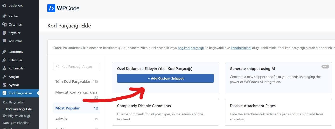 WordPress te Ozel Kod Parcaciklari Ekleme wpcode 4